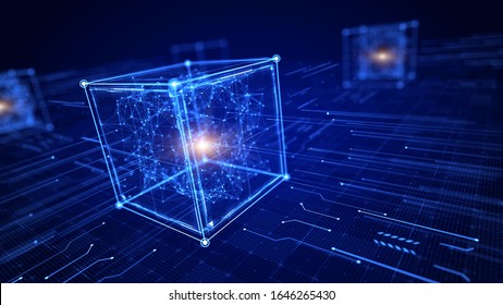 Block Chain Concept - Block Cube And Network Connections . 3d Rendering