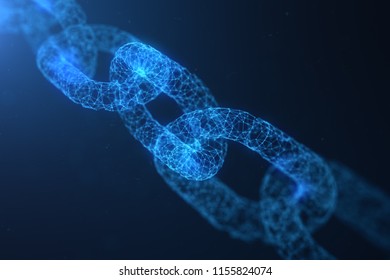Block chain concept, digital block chain technology. Cryptocurrency, concept of digital code. Low polygonal grid of triangles glowing in blue dot network, abstract background. 3D illustration