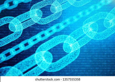 Block chain concept, digital block chain technology. Cryptocurrency, concept of digital code. Chain links network. Low polygonal grid of triangles glowing in blue dot network. 3D illustration