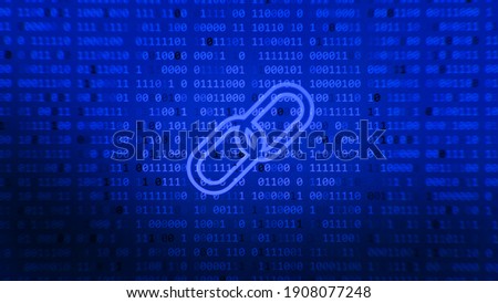 Block chain hyperlink symbol on binary code number big data flow information. Blue glowing abstract background. Finance bitcoin business concept.
