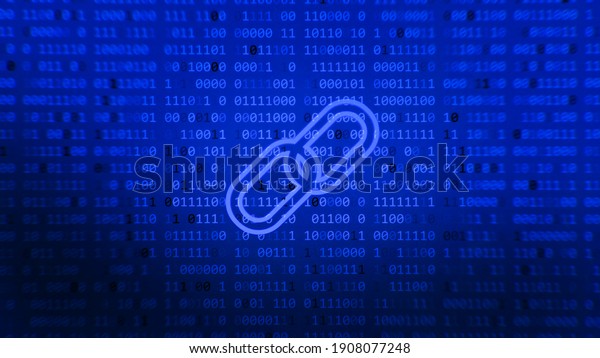 Block chain hyperlink symbol on binary\
code number big data flow information. Blue glowing abstract\
background. Finance bitcoin business\
concept.