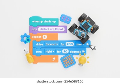 Block coding for kids teaching learning creative basics beginners remotely controlled automation robotic car vehicle programming education skill Technology STEM. 3d rendering.