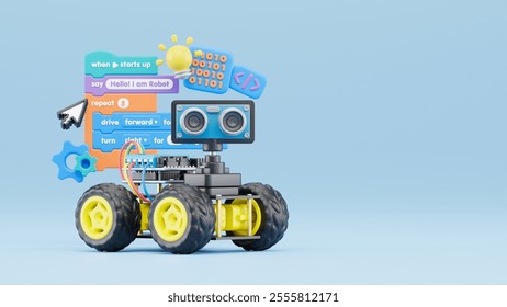 Block coding for kids teaching learning creative basics beginners remotely controlled automation robotic car vehicle programming education skill Technology STEM. 3d rendering.