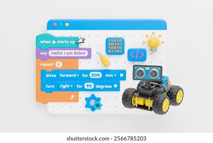 Block coding for kids teaching learning creative basics beginners remotely controlled automation robotic car vehicle programming education skill Technology STEM. 3d rendering.