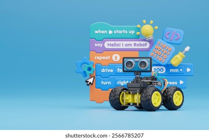 Block coding for kids teaching learning creative basics beginners remotely controlled automation robotic car vehicle programming education skill Technology STEM. 3d rendering.