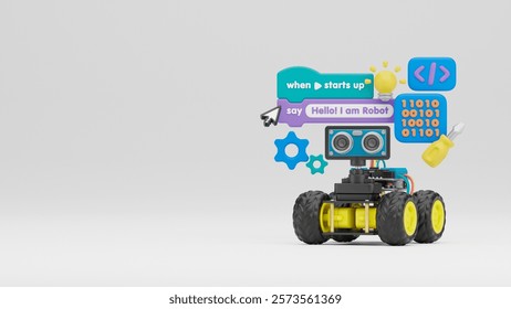 Block coding for kids teaching learning creative basics beginners remotely controlled automation robotic car vehicle programming education skill Technology STEM. 3d rendering.