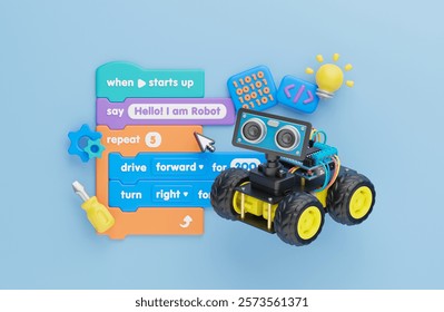 Block coding for kids teaching learning creative basics beginners remotely controlled automation robotic car vehicle programming education skill Technology STEM. 3d rendering.