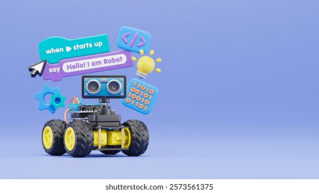 Block coding for kids teaching learning creative basics beginners remotely controlled automation robotic car vehicle programming education skill Technology STEM. 3d rendering.