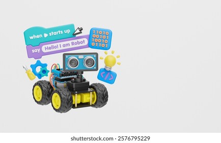 Block coding for kids teaching learning creative basics beginners remotely controlled automation robotic car vehicle programming education skill Technology STEM. 3d rendering.