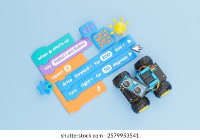 Block coding for kids teaching learning creative basics beginners remotely controlled automation robotic car vehicle programming education skill Technology STEM. 3d rendering.