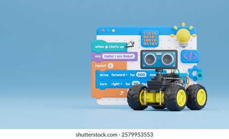 Block coding for kids teaching learning creative basics beginners remotely controlled automation robotic car vehicle programming education skill Technology STEM. 3d rendering.