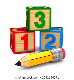 block with number and pencil on white background. Isolated 3D illustration