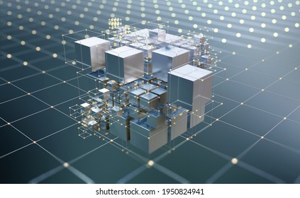 Blockchain, big data, data processing, cloud database. Virtuality and AI. Information blocks, digital, financial, internet technologies. 3D illustration of decentralized blocks in one cluster