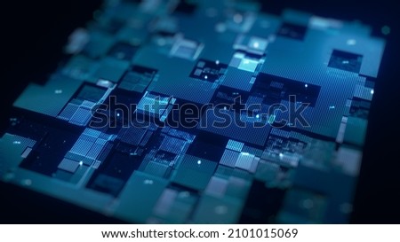 Blockchain concept. Big data binary code futuristic information technology, data flow. Transferring of big data.  interconnected blocks of data depicting a cryptocurrency blockchain. 3D Rendering.