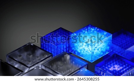 Blockchain concept. Cryptocurrency connected cube blocks. Big data Ai chain technology background. Data transmission crypto operations. 3d illustration.
