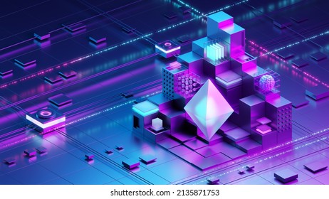 Blockchain Digital Data Transmission Isometric Background. NFT Non Fungible Token. 3d Illustration