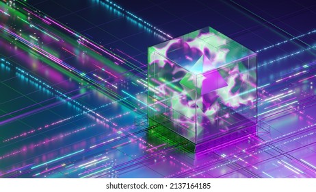 Blockchain digital data transmission isometric background. NFT non fungible token. 3d illustration
