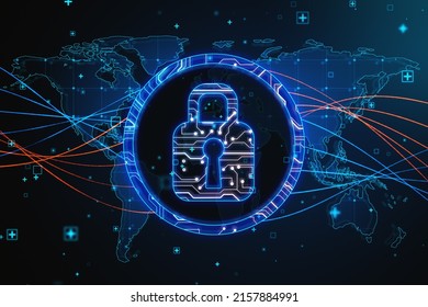 Blockchain And Digital Money Security Concept With Glowing Digital Lock Sign In A Circle On Abstract Wallpaper With World Map Scheme. 3D Rendering