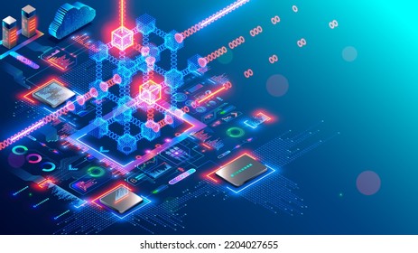 Blockchain And Fintech Of Crypto Currency. Block Chain Technology. Mining Cryptocurrency Isometric Concept. Computer Server In Networking Generates Digital Money. Future Of Financial Tech.