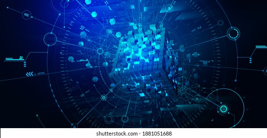 Blockchain hi tech. Information blocks form a decentralized global database structure. 3D illustration of nanotech cubes in cyberspace