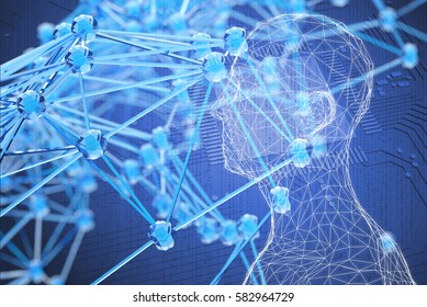 Blockchain Network , Artificial Intelligence (ai), Machine Learning , Deep Learning , Robot Age And Neural Networks Concept. Wireframe Of Human , Circuit Boards And Atom Background. 3d Rendering