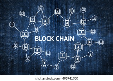 Blockchain network concept , Distributed ledger technology , Block chain text and computer connection with blue matrix coded background