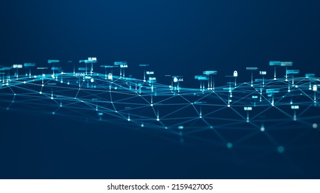 Blockchain network and cyber security concept. Analysis of information. Technology data binary code network conveying connectivity, Data, and information protection protocol. Secure connection.