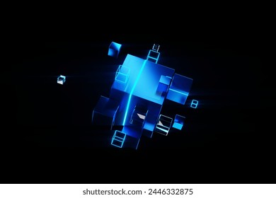Blockchain technology, big data, neural network blocks, artificial intelligence training. Hi-tech background, technology background, 3D rendering, copy space