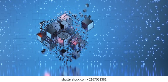 Blockchain Technology Concept. Hi-tech Square Blocks Are Assembled Into A Cubic Array Against The Background Of Information Fields. Artificial Intelligence Training Concept. 3D Rendering..