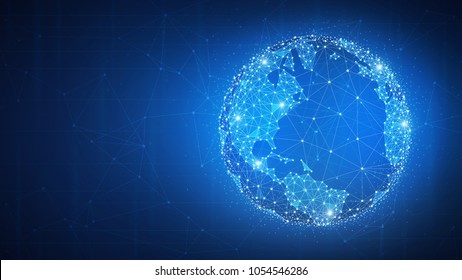 Blockchain Technology Futuristic Hud Background With World Globe And Blockchain Polygon Peer To Peer Network. Global Cryptocurrency Fintech Business Banner Concept.