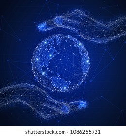 Blockchain technology futuristic hud background with world globe, hands around it and blockchain polygon peer to peer network. Global cryptocurrency fintech business banner concept.