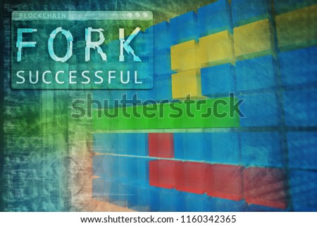Blockchain technology hard fork successful. coding or hacking abstract background. text with glitch effect. 3D illustration