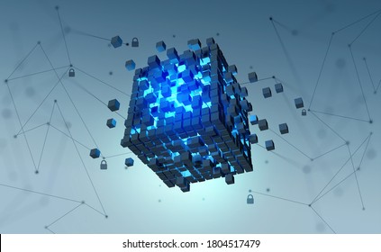 Blockchain technology. Information blocks form a decentralized global database structure. 3D illustration of nanotech cubes in cyberspace