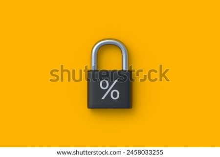 Blocking dividend payments. Fixed interest rate. Economy concept. Locked profit. Income protection. Fines and sanctions. Frozen financial assets. Padlock with percent symbol. 3d render