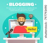 Blogger composition with flat images of desktop computer web camera and microphone with male character on screen  illustration