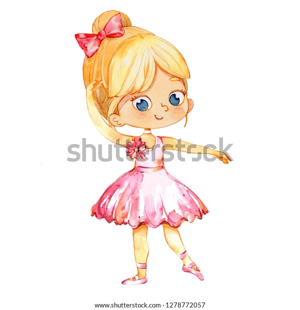 金髪のバレリーナ姫キャラクターダンサーガール かわいい女の子は 学校の授業でピンクのツツの衣装を着て練習します ベビーバレエポスターデザインコンセプト水彩イラスト 分離型 のイラスト素材
