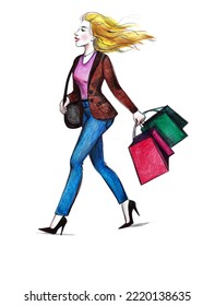 Blond Girl Walking With Shopping Bags