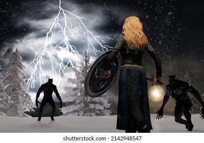 Blond Woman Viking Warrior With Sword And Shield Fighting Two Werewolves In Winter Background - 3D Rendering