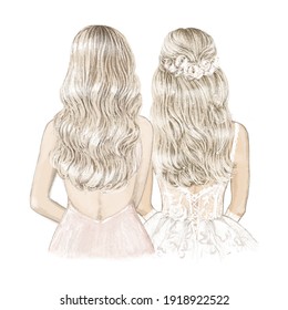 Blonde Bride And Bridesmaid. Hand Drawn Illustration