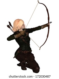 Blonde female archer with bow and arrow taking a kneeling shot, 3d digitally rendered illustration