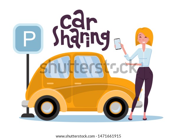 A blonde\
girl found a car for rent through a mobile application on the\
phone. Side view of yellow cute retro car at the parking sign. flat\
cartoon illustration with hand\
lettering.