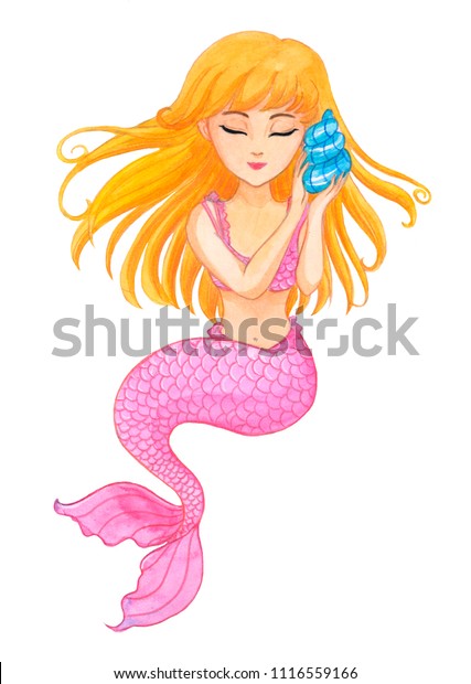 Blonde Little Mermaid Whit Sea Shell Stock Illustration 1116559166