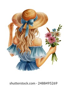 Blonde woman girl in a summer dress in a hat with a bouquet of wildflowers. Back view. Watercolor illustration