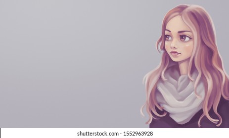 Blonde woman with long wavy beautiful hair, big brown eyes and pensive expression. Autumn mood. Portrait of a girl in a white scarf. Digital illustration on gray background. Attractive female student.