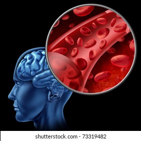 Blood Cells In The Brain Flowing Through Veins And Human Circulatory System Representing A Medical Health Care Symbol Relating To Stroke Or Circulation Issues.