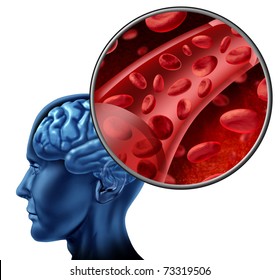 Blood Cells In The Brain Flowing Through Veins And Human Circulatory System Representing A Medical Health Care Symbol Relating To Stroke Or Circulation Issues.