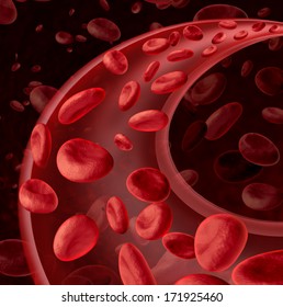 Blood Cells Circulation Symbol As A Medical Health Care Concept With A Group Of Three Dimensional Human Cells Flowing Through A Dynamic Artery Or Vein Connected To The Circulatory System. 