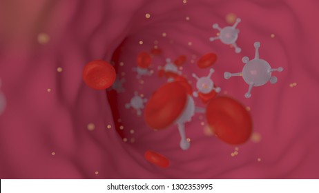 Blood cells move along the vessel, conceptual 3D rendering