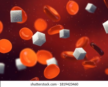Blood cells and sugar cubes 3d illustration concept, Diabetes is a metabolic disorder caused by high levels of blood sugar, Chronic diabetes affects how the body turns food into energy