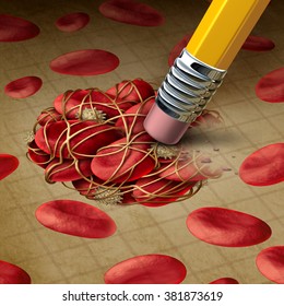 Blood Clot And Thrombosis Treatment Removing Clots Concept As A Pencil Eraser Erasing The Blockage Clumped  By Sticky Platelets And Fibrin With Surgery And Medical Therapy To Treat The Disease.